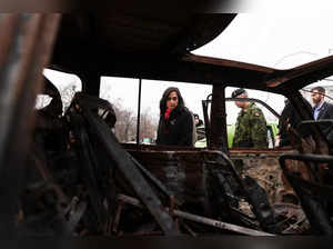 Canadian Defence Minister Anita Anand visits an exhibit of destroyed Russian military equipment in St. Michael's Square, in Kyiv