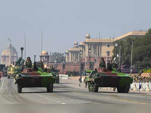 New Delhi: Indian Army’s tanks on display during rehearsals for the Republic Day...