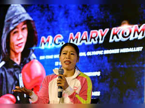New Delhi, Oct 07 (ANI): Boxer Mary Kom speaks at the unveiling of Puma Race Day...