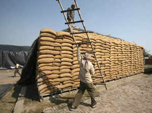 A worker carries a ladder past sacks filled with wheat at a Food Corporation of India warehouse in Morinda