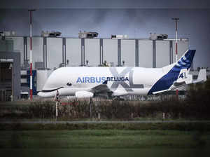 (FILES) This photograph taken on January 3, 2023, shows an Airbus A300-600ST (Super Transporter) aircraft, also known as Airbus Beluga, at an Airbus aircraft manufacturer factory, in Montoir-de-Bretagne, western France.  (Photo by LOIC VENANCE / AFP)