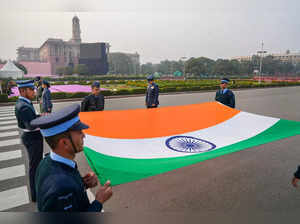 New Delhi: Indian Air Force personnel during rehearsals for the Beating Retreat ...