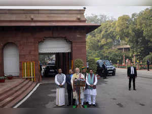 India's Prime Minister Modi speaks with the media inside the parliament premises on the first day of the budget session in New Delhi