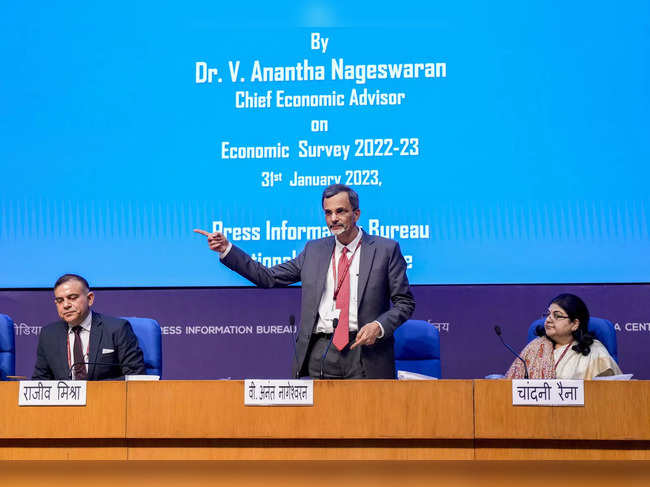 New Delhi: Chief Economic Advisor V. Anantha Nageswaran speaks after presenting ...