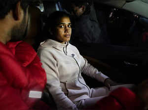 New Delhi: Wrestler Babita Phogat arrives for a meeting with Sports Minister Anu...