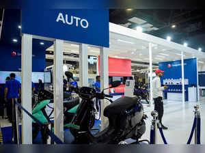 New Delhi: Two-wheelers on display at a stall during the 6th India Mobile Congre...