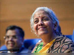 New Delhi: Union Finance Minister Nirmala Sitharaman speaks during a post-budget...