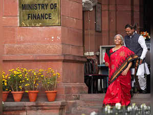 New Delhi: Union Finance Minister Nirmala Sitharaman comes out of the Finance Mi...