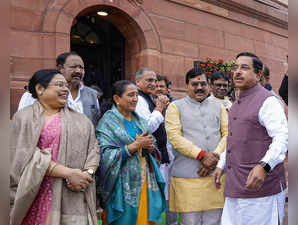New Delhi: Union Parliamentary Affairs Minister Pralhad Joshi and other BJP memb...