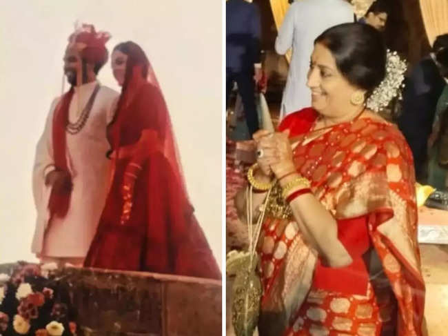 Smriti Irani opted for a blazing red Benarasi silk saree for the ceremony.