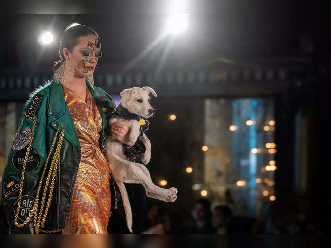 A model walks with a dog during the CatWalk FurBaby show during the New York Fashion Week in New York