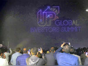 Lucknow: Drone show during the Uttar Pradesh Global Investors Summit 2023, in Lu...