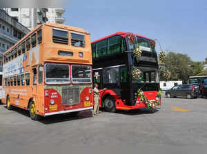 Mumbai: BEST's first AC double-decker electric bus parked near an old double-dec...