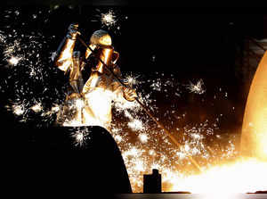 A German steelmaker ThyssenKrupp worker controls a blast furnace in Duisburg