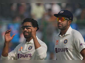 New Delhi: Indian bowler Ravindra Jadeja with teammate Ravichandran Ashwin after...
