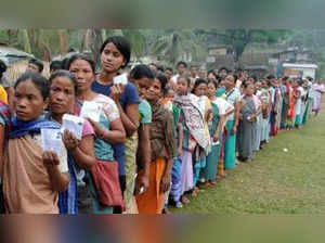 People queue-up to cast their votes at a polling booth in Ri Bhoi district of Meghalaya during the second phase of 2014 Lok Sabha Polls on April 9, 2014. Elections are being held in six constituencies of four states (Arunachal Pradesh- 2, Manipur - 1, Meghalaya - 2, and Nagaland - 1). (Photo: IANS)