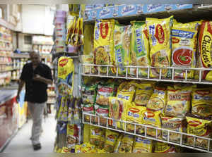 Packets of Nestle's Maggi instant noodles are seen on display at a grocery store in Mumbai