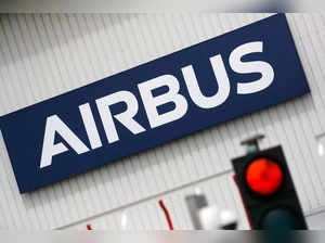 Airbus logo at the entrance of the Airbus facility in Bouguenais