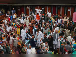 New Delhi: Councillors raise slogans during the election of members of the MCD S...