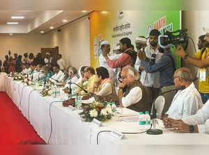 Raipur: Congress party leaders at the Steering Committee during the 85th Plenary...