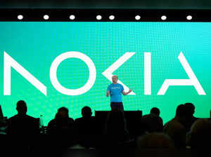 Nokia President and CEO Finnish Pekka Lundmark presents Nokia new logo at the Mobile World Congress (MWC), the telecom industry's biggest annual gathering, in Barcelona on February 26, 2023. (Photo by Josep LAGO / AFP)