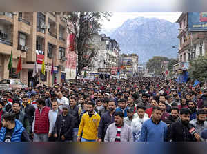 Katra: People stage a protest against the proposed ropeway project, at Shri Mata...