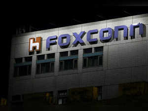 The logo of Foxconn is seen outside a company's building in Taipei