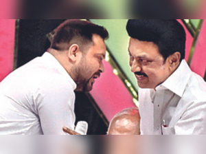 Tamil Nadu CM M K Stalin being greeted by Bihar deputy CM Tejashwi Prasad Yadav at a function in Chennai