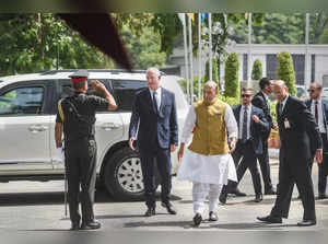 New Delhi: Defence Minister Rajnath Singh welcomes his Israeli counterpart Benny...