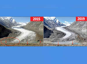 Durung-Drung glacier in 2015 (left) and after losing 7.8sqkm of ice, which is 10% of its total surface area