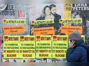 French labour union CGT posters against French government's pension reform plan in Bouguenais