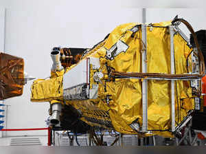 The NISAR satellite, a joint Earth-observing mission between NASA and the Indian Space Research Organization (ISRO), is displayed inside a clean room at NASA's Jet Propulsion Laboratory (JPL) in Pasadena, California on February 3, 2023. The NASA-ISRO Synthetic Aperture Radar satellite will measure changes in Earth’s surface topography and create high-resolution images to track the evolution of Earth's crust, observing the flow rates of glaciers, the dynamics of earthquakes and volcanos, studying climate change, and changes to croplands. (Photo by Patrick T. Fallon / AFP)