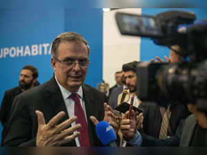 Mexican Foreign minister Marcelo Ebrard speaks during an interview with AFP TV at the Zona Maco Art fair in Mexico city on February 8, 2023. (Photo by NICOLAS ASFOURI / AFP)