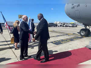 U.S. Defence Secretary Austin is greeted by Israeli Defence Minister Gallant at Ben Gurion Airport