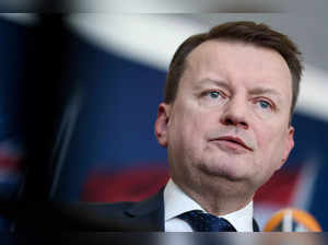Poland's defence minister Mariusz Blaszczak speaks to the press during a two-day meeting of the NATO alliance's defence ministers at the NATO Headquarter in Brussels on February 14, 2023.  (Photo by Kenzo TRIBOUILLARD / AFP)