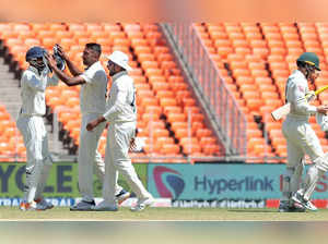 Ahmedabad : India's Ravichandran Ashwin celebrating a dismissal of Alex Carey with teammates during the second day of the fourth cricket test match between India and Australia at Narendra Modi Stadium in Ahmedabad on Friday, March 10, 2023.(Photo:Raj Kumar/IANS)