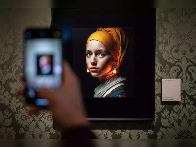 A visitor takes a picture with his mobile phone of an image designed with artificial intelligence by Berlin-based digital creator Julian van Dieken (C) inspired by Johannes Vermeer's painting "Girl with a Pearl Earring" at the Mauritshuis museum in The Hague on March 9, 2023. Julian van Dieken's work made using artificial intelligence (AI) is part of the special installation of fans' recreations of Johannes Vermeer's painting "Girl with a Pearl Earring" on display at the Mauritshuis museum. - RESTRICTED TO EDITORIAL USE - MANDATORY MENTION OF THE ARTIST UPON PUBLICATION - TO ILLUSTRATE THE EVENT AS SPECIFIED IN THE