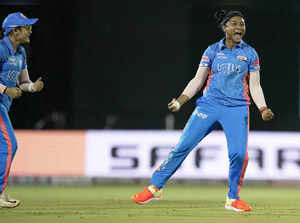 Mumbai: Mumbai Indians Amelia Kerr celebrates the wicket of Gujarat Giants Ashle...