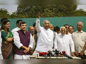 New Delhi: Leader of Opposition in Rajya Sabha Mallikarjun Kharge with other opp...