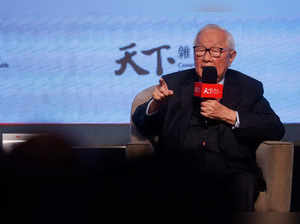 Morris Chang, the founder of the Taiwan Semiconductor Manufacturing Company (TSMC), speaks on stage during a Chip War book event in Taipei