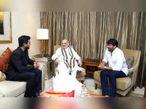 New Delhi: Union Home Minister Amit Shah with RRR star Ram Charan and his father Chiranjeevi during a meeting, in New Delhi, on Friday, March 17, 2023. (Photo:IANS/Twitter)