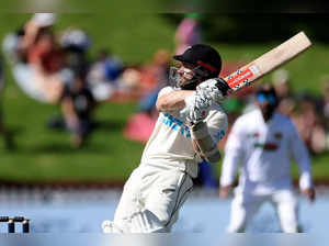 New Zealand's Kane Williamson plays a shot during day two of the second cricket test match between New Zealand and Sri Lanka at the Basin Reserve in Wellington on March 18, 2023. (Photo by Marty MELVILLE / AFP)