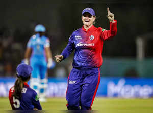 Navi Mumbai: Delhi Capitals Jess Jonassen celebrates the wicket of Mumbai Indian...