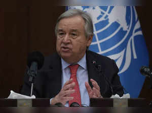 United Nations Secretary-General Antonio Guterres speaks to reporters during a n...