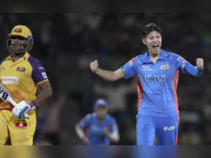 Mumbai: Mumbai Indians Issy Wong celebrates the wicket of UP Warriorz's Kiran Na...
