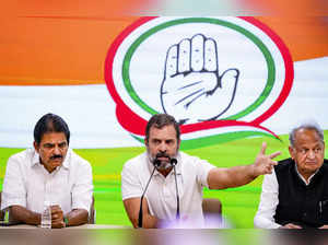 New Delhi: Congress leader Rahul Gandhi addresses a press conference at the AICC...