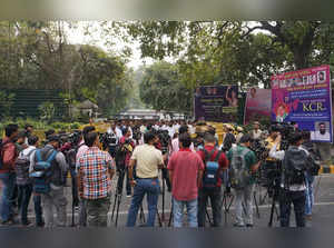 New Delhi: Media personnel outside the residence of Bharat Rashtra Samithi (BRS)...