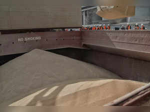 A container with wheat is seen aboard Marshall Islands flagged general cargo ship Negmar Cicek loaded with wheat for Yemen, in a sea port of the Chornomorsk town