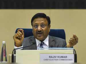 New Delhi: Chief Election Commissioner Rajiv Kumar speaks during a press confere...
