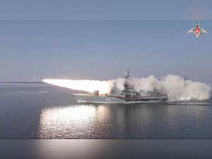 In this photo made from video provided by the Russian Defense Ministry Press Ser...